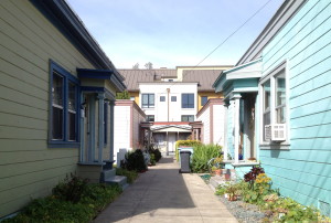 Looming over cottages