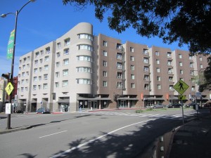 Oxford Plaza, energy efficient affordable housing built in 2009 at a comfortable scale. Since 2009, almost no affordable housing has been built, for lack of committed funding for the Berkeley Housing Trust Fund